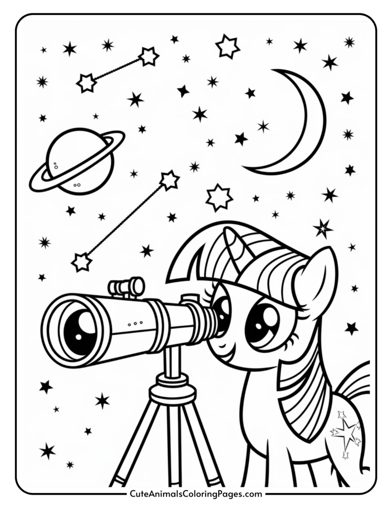 A cartoon pony using a telescope to stargaze, with a crescent moon, stars, and a planet in the night sky.