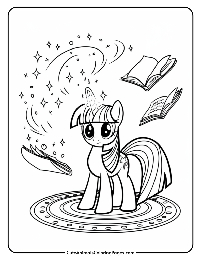 A unicorn with a star-shaped mark, surrounded by floating books and magical sparkles.