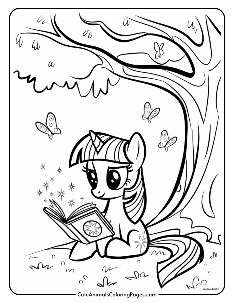 A unicorn pony reading a book under a tree, surrounded by butterflies.