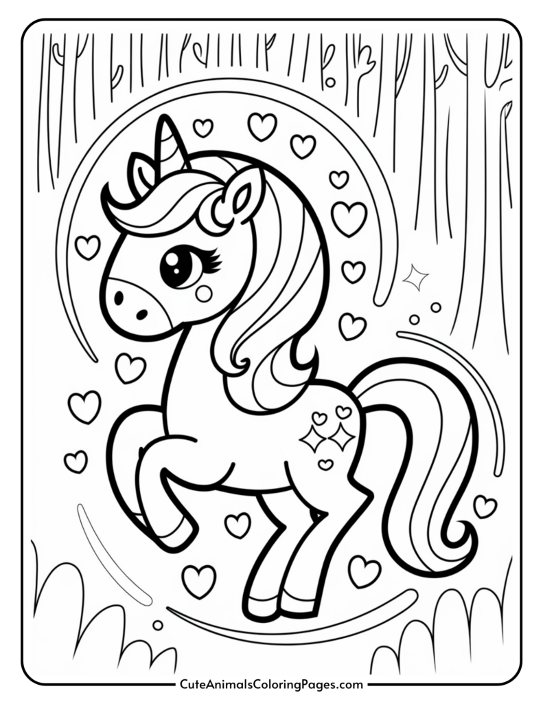 A cartoon unicorn with a wavy mane and tail surrounded by hearts, set against a forest background.