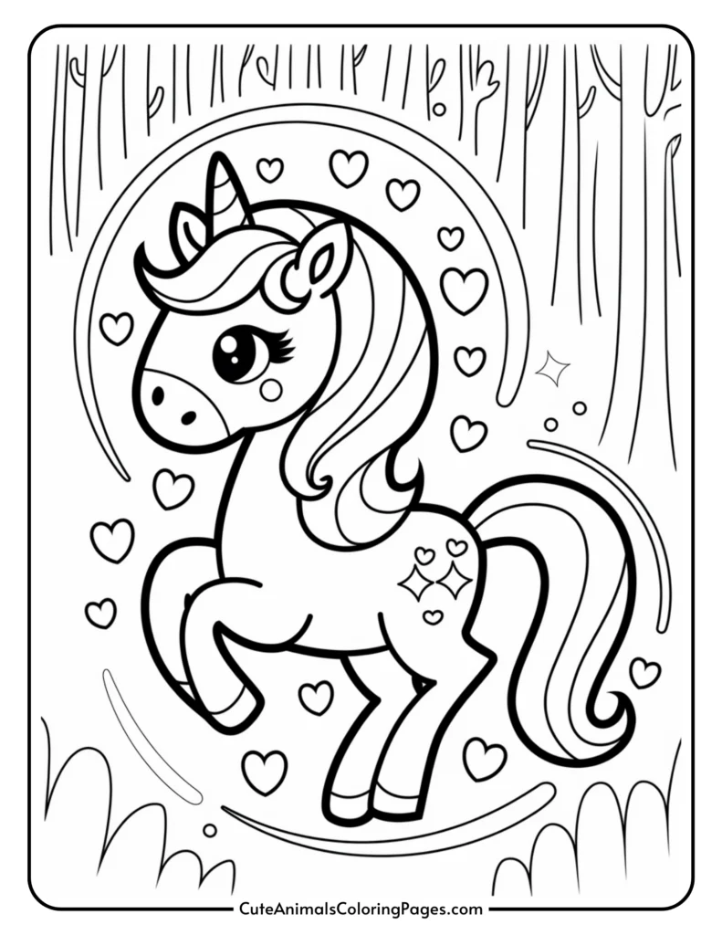 A cartoon unicorn with a wavy mane and tail surrounded by hearts, set against a forest background.