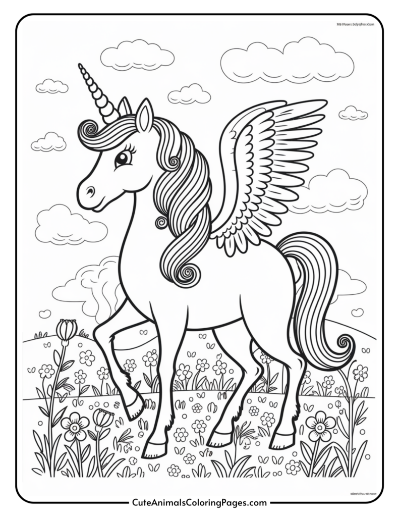 A coloring page featuring a winged unicorn with curled mane and tail, standing in a floral field with clouds in the sky.