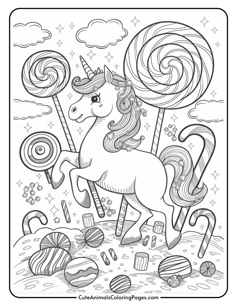 A unicorn standing amidst giant lollipops, candy canes, and sweets, with clouds and stars in the background.