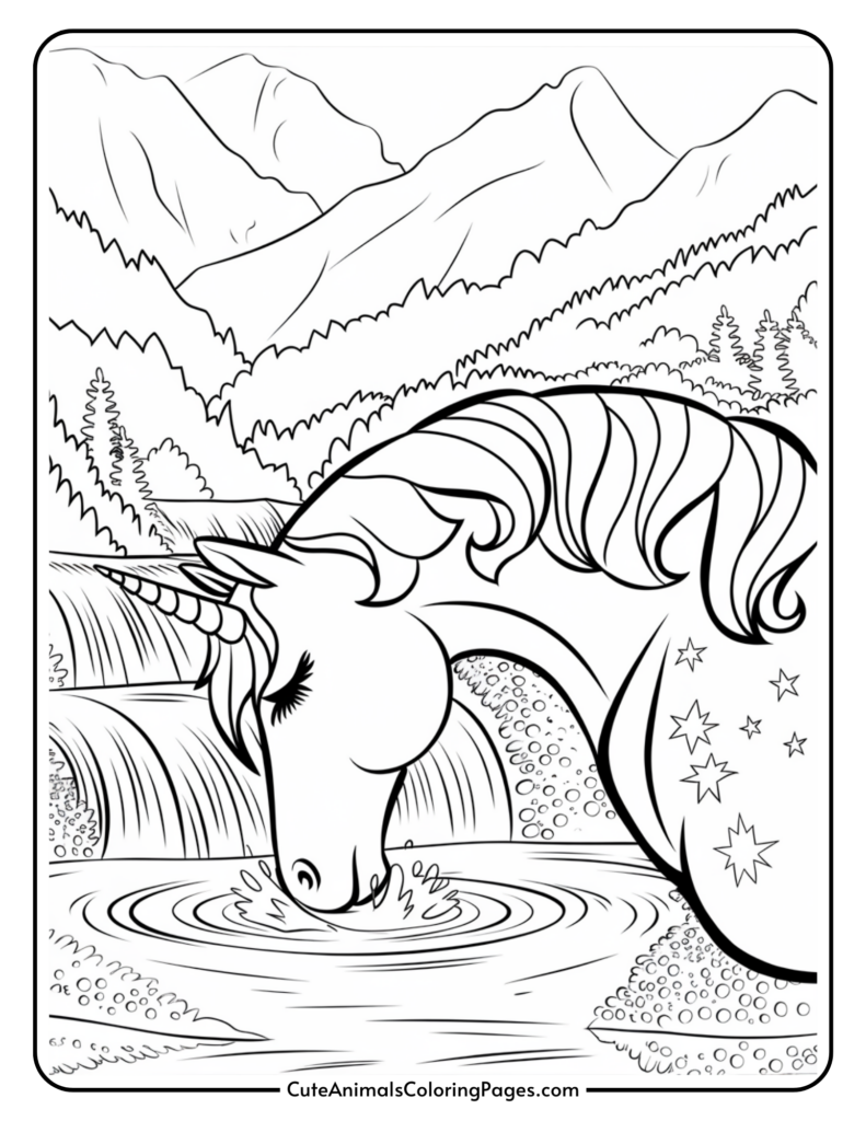 A unicorn with a star-patterned flank drinking from a stream, set against a backdrop of mountains and trees.