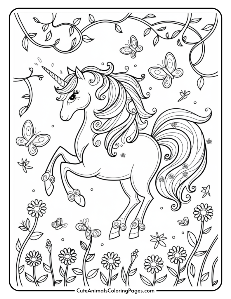 A unicorn with a flowing mane surrounded by butterflies and flowers in a detailed coloring page design.