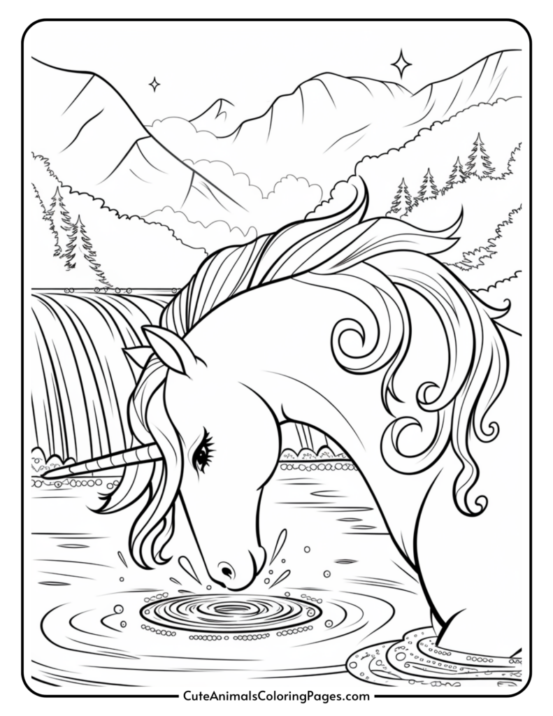 A unicorn with a flowing mane drinks from a river in a mountainous landscape, surrounded by trees and a waterfall.