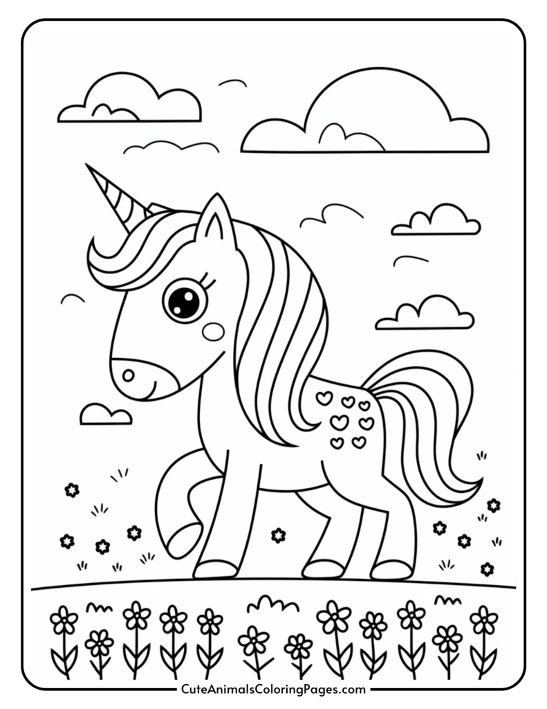 A black and white coloring page featuring a cute unicorn with a flowing mane and tail. The unicorn has heart patterns on its back and is standing in a field of flowers, with clouds in the sky above.