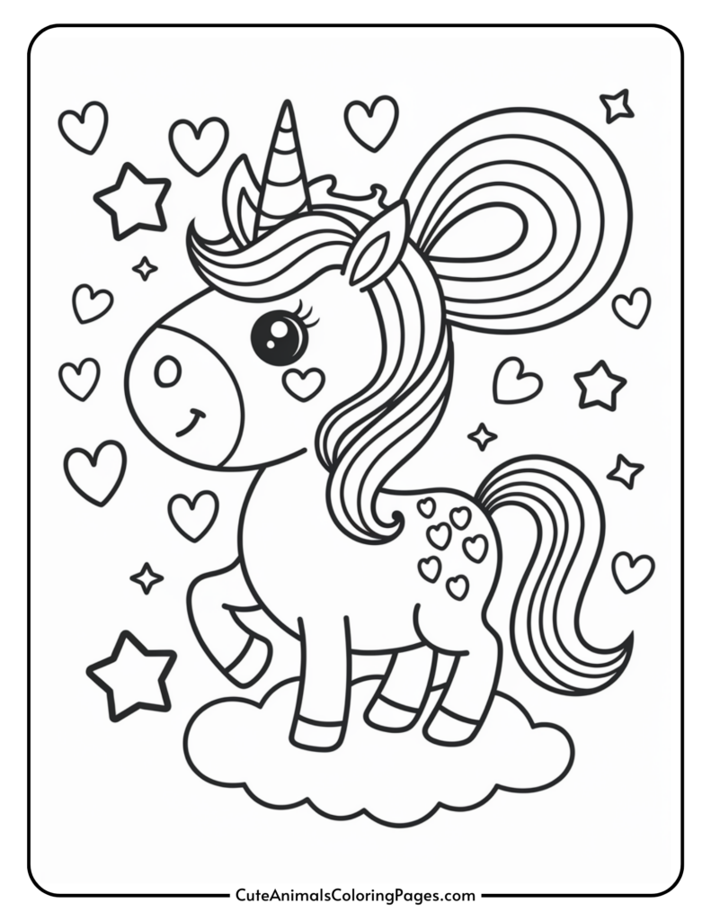 A cute unicorn coloring page with hearts and stars surrounding the unicorn standing on a cloud.