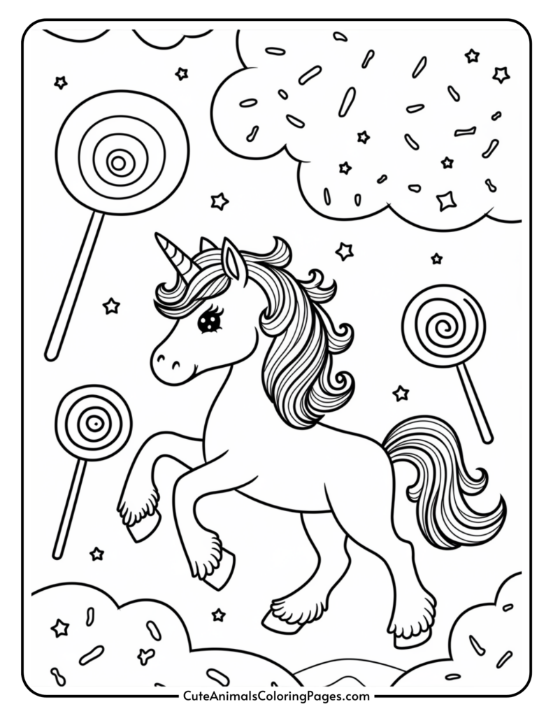 A unicorn prancing among clouds, stars, and lollipops.