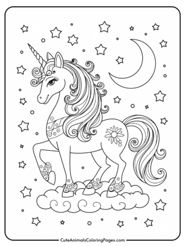 A unicorn with a flowing mane stands on a cloud, surrounded by stars and a crescent moon.