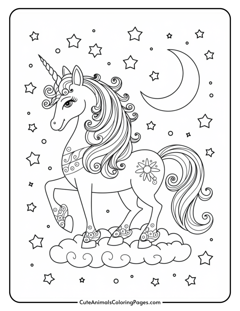 A unicorn with a flowing mane stands on a cloud, surrounded by stars and a crescent moon.