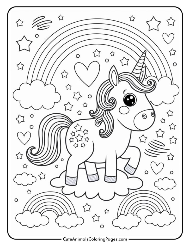 A cute cartoon unicorn standing on a cloud surrounded by rainbows, stars, hearts, and clouds in a coloring page.