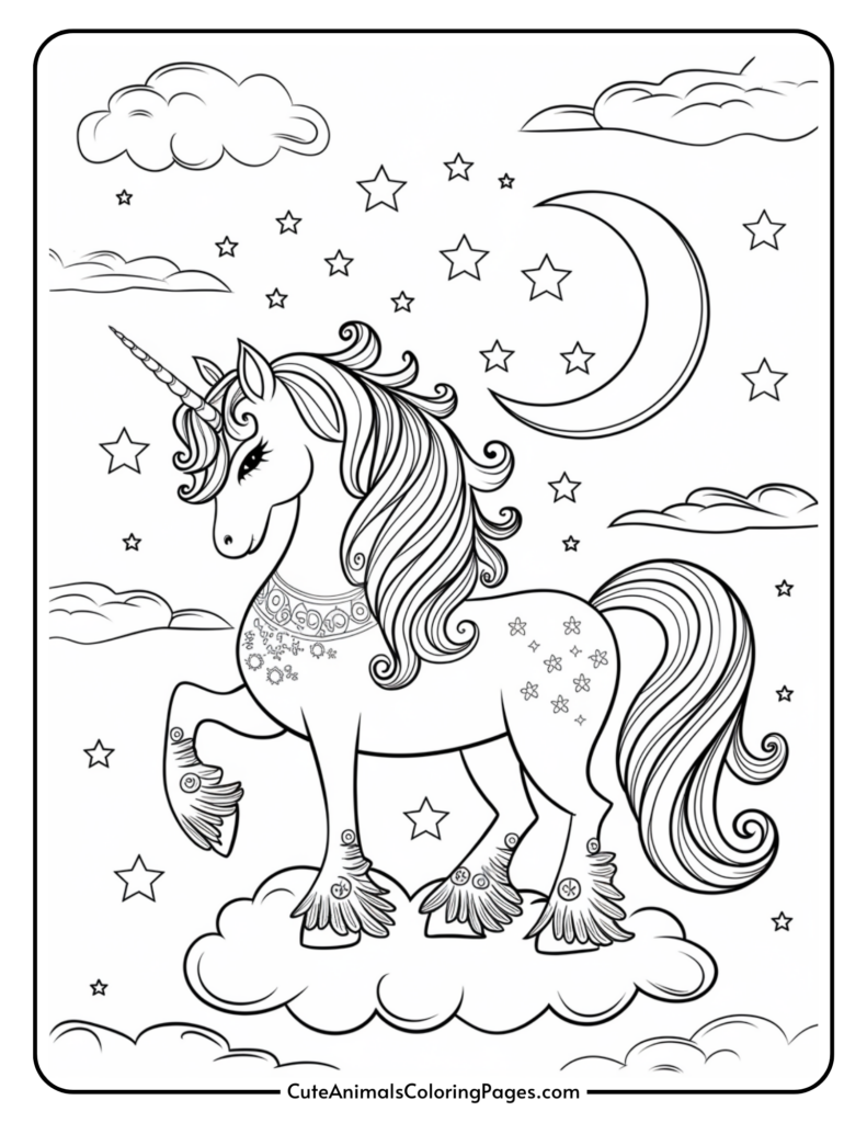 A unicorn standing on clouds with a crescent moon and stars in the background, surrounded by fluffy clouds.