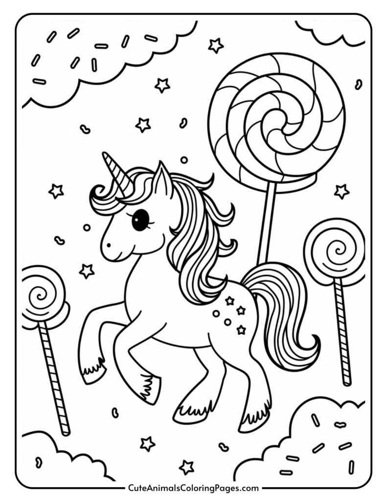 A cute unicorn with a starry design on its body prancing in a candy land theme with large lollipops and clouds.