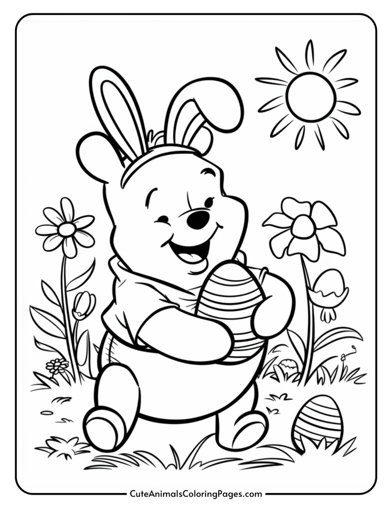 A cheerful cartoon bear wearing bunny ears holding an Easter egg, surrounded by flowers and a sun in the background.