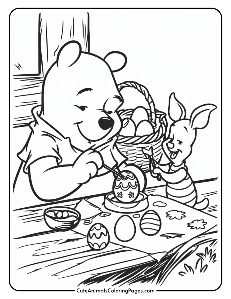 A bear and a piglet decorating Easter eggs together at a table with a basket of eggs.