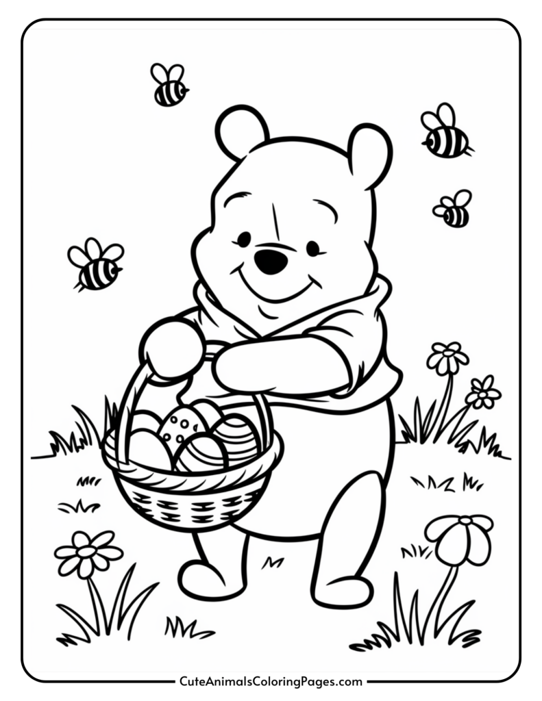 Cartoon bear holding a basket of Easter eggs, surrounded by bees and flowers.