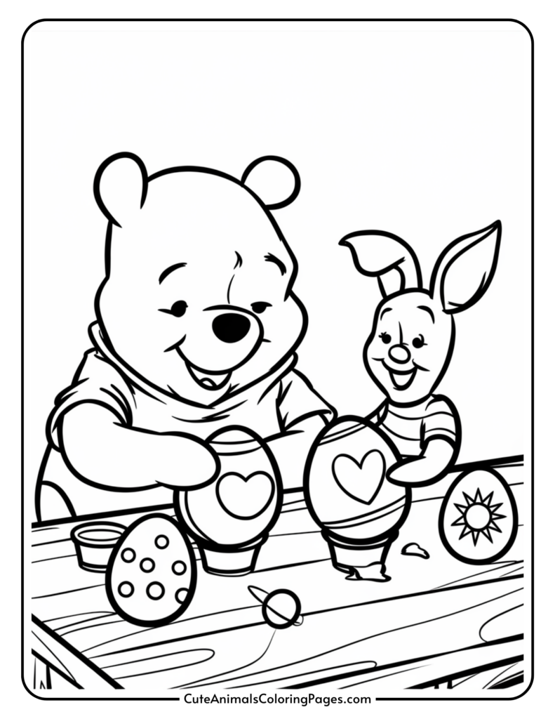 Two cartoon characters painting and decorating Easter eggs at a table.