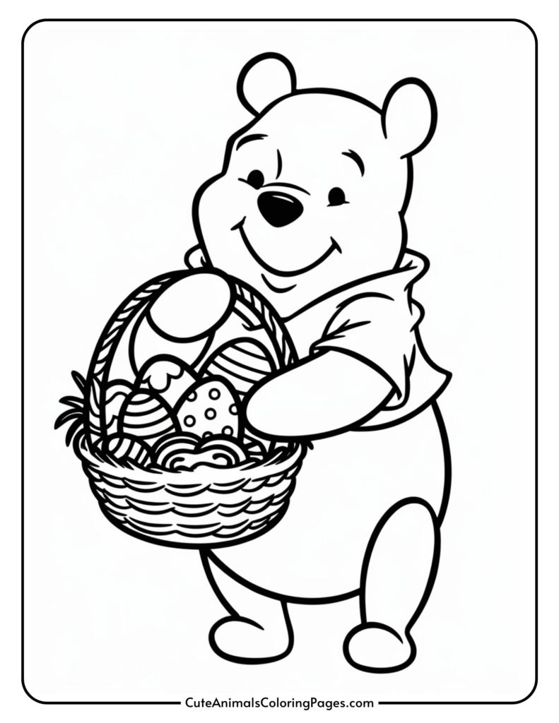 Cartoon bear holding a basket of decorated eggs.