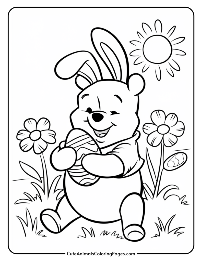 A bear with bunny ears holding a decorated egg, sitting among flowers under a sun.