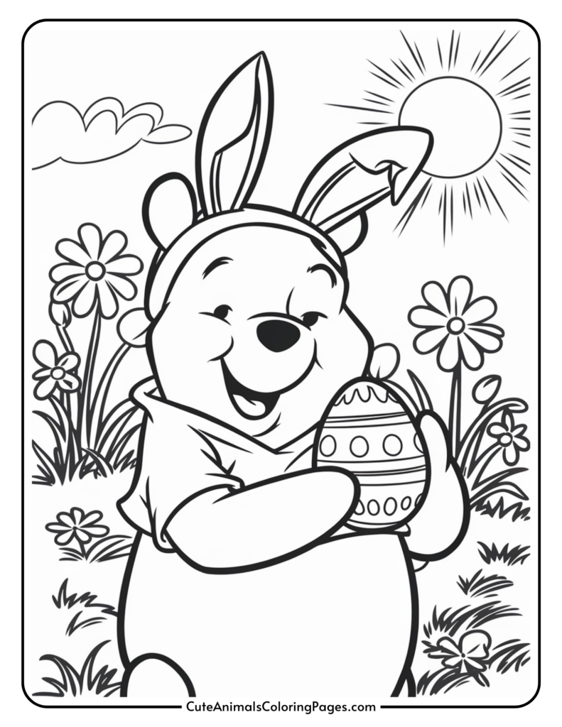 A bear wearing bunny ears holding an Easter egg, surrounded by flowers under a sunny sky.