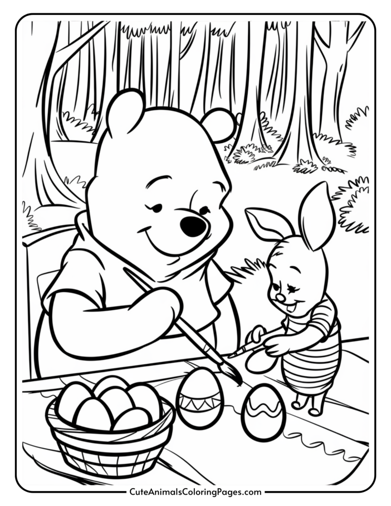 Two cartoon characters painting Easter eggs at a table in a forest setting.