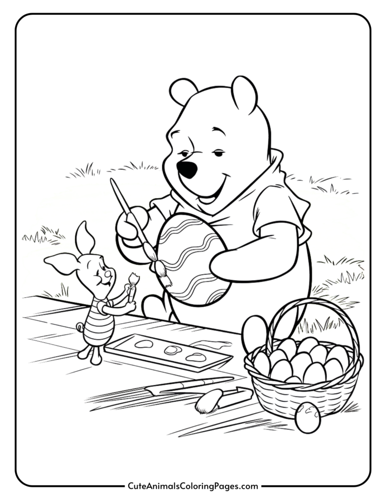 A bear and a piglet painting Easter eggs together outdoors, with a basket of eggs beside them.