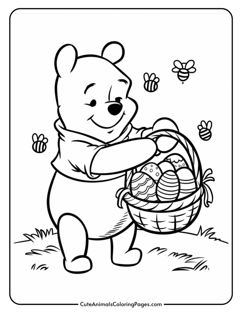 Cartoon bear holding a basket of decorated eggs with bees flying around.