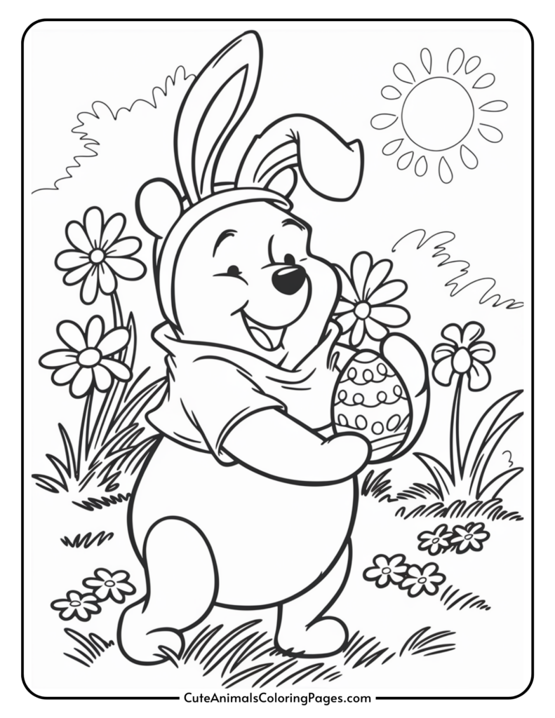 Cartoon character wearing bunny ears, holding an Easter egg, surrounded by flowers and a sun in the background.