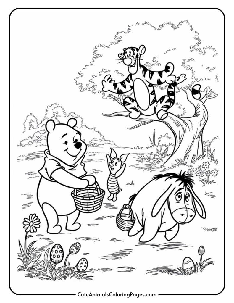 Winnie the Pooh characters on an Easter egg hunt in a grassy field with trees.